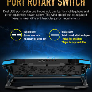 Laptop Cooler 5 LED Fans Aluminium Cooling Notebook Pad Silent Dual USB Speed Control Base Cooler Pad  Black blue