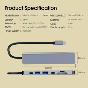 7 In 1 USB Hub Type C Splitter USB 3.0 USB 2.0 Expander Multiport USB Splitter For PC Laptop Notebook Smart Phones grey