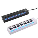 7 Ports LED USB 2.0 Adapter Hub Power on/off Switch for PC Laptop black