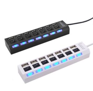 7 Ports LED USB 2.0 Adapter Hub Power on/off Switch for PC Laptop black