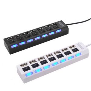 7 Ports LED USB 2.0 Adapter Hub Power on/off Switch for PC Laptop black