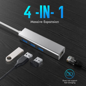 Ethernet Adapter 4 In 1 Hub 100/1000Mbps USB 3.0 Type-C To RJ45 Multiport LAN Network Adapter For Laptop PC Computer Gigabit 1000Mbps Silver