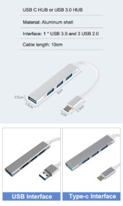 USB C Hub 4 Multi-Port USB Type-C Hub With USB2.0 USB3.0 OTG Function USB Splitter Adapter Compatible For Win7/8/10 2 in 1 gray