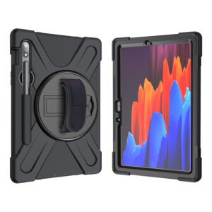 For Samsung Tab S7 T870 /Tab S7 Plus T970/T975 Protective Cover with Pen Slot Anti-fall Belt Holder + Wristband + Straps black_Samsung Tab S7 T870 (2020)