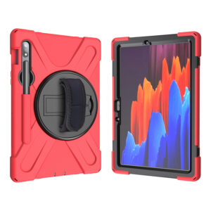 For Samsung Tab S7 T870 /Tab S7 Plus T970/T975 Protective Cover with Pen Slot Anti-fall Belt Holder + Wristband + Straps red_Samsung Tab S7 T870 (2020)