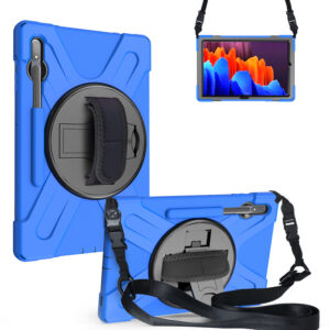 For Samsung Tab S7 T870 /Tab S7 Plus T970/T975 Protective Cover with Pen Slot Anti-fall Belt Holder + Wristband + Straps blue_Samsung Tab S7 Plus T970/T975