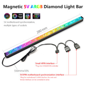 COOLMOON ARGB LED Strip Light With 5V 3Pin Small 4Pin Header Changing Light Speed DIY Lamp Bar Light Strip For PC Computer Case Chassis black