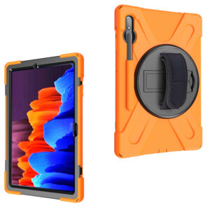 For Samsung Tab S7 T870 /Tab S7 Plus T970/T975 Protective Cover with Pen Slot Anti-fall Belt Holder + Wristband + Straps Orange_Samsung Tab S7 Plus T970/T975